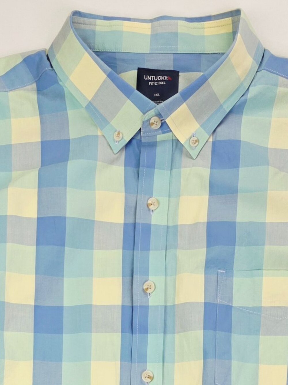 Untuckit Fit By DXL Mens Sz 3XL Blue Yellow Seafoam Check Button Down Logo Shirt